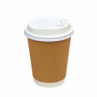 รูปแก้วกระดาษคราฟท์ 2 ชั้น(Double Wall) ขนาด 12 oz. พร้อมฝาขาว